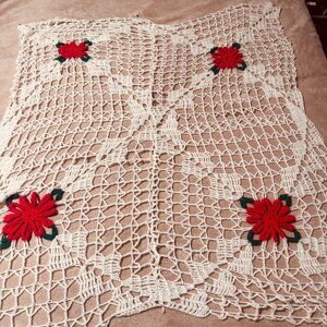 Vintage Handmade Crochet 3D Pink Rose Granny Afghan Blanket shawl chair cover ba